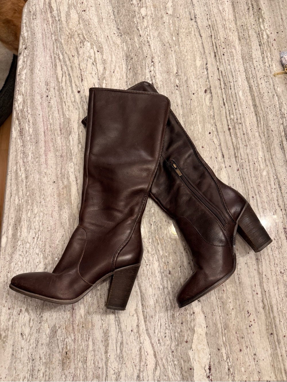 Vince Camuto Dark Brown Leather Mid-Calf Block Heel Boots